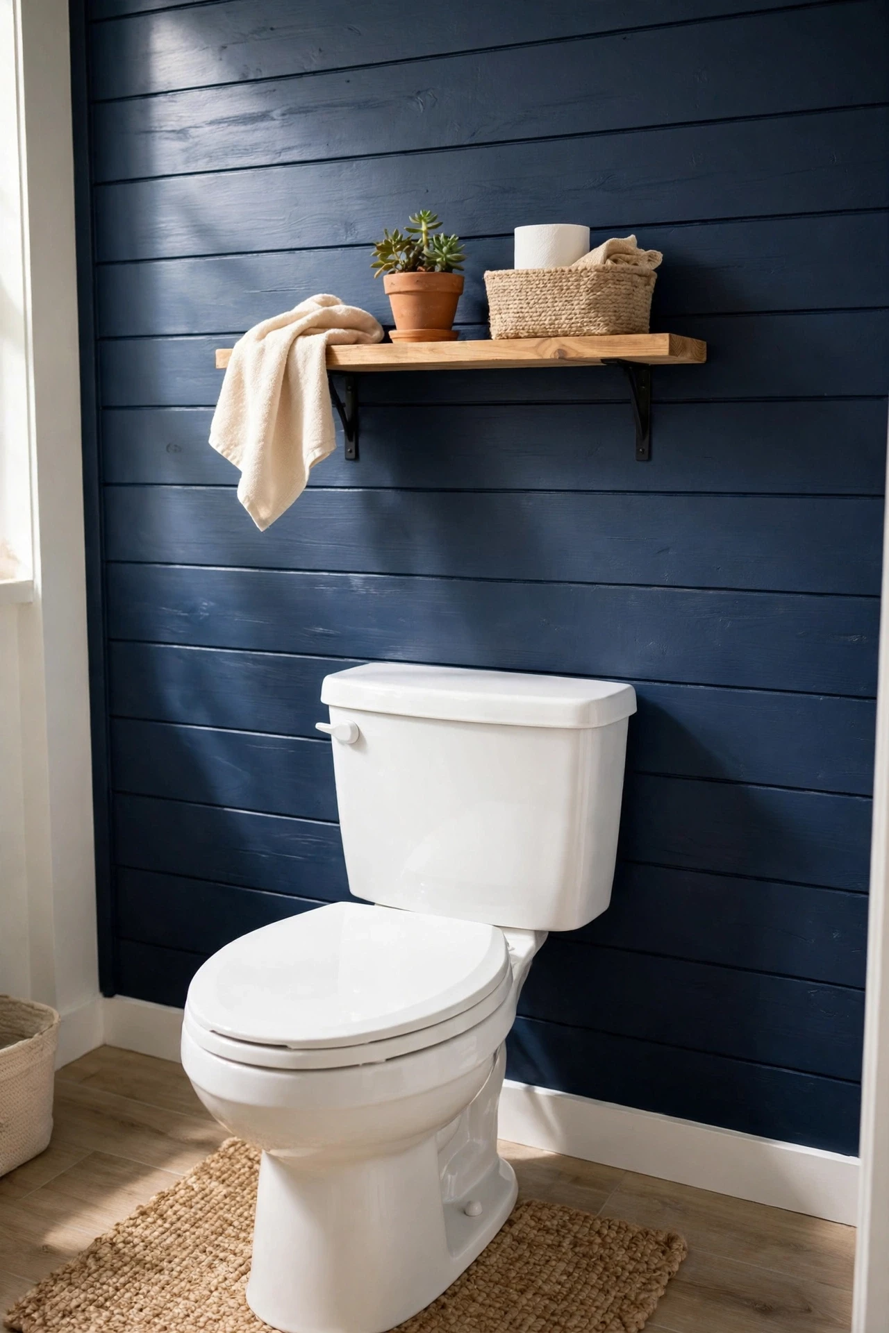 Bathroom wall covered in navy peel-and-stick shiplap panels behind a toilet