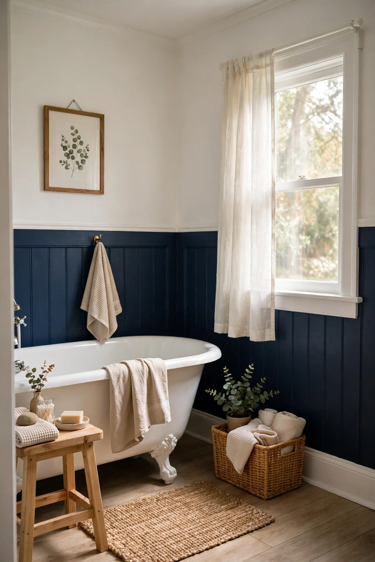 Bathroom with navy paint on the lower half of the walls and white upper walls