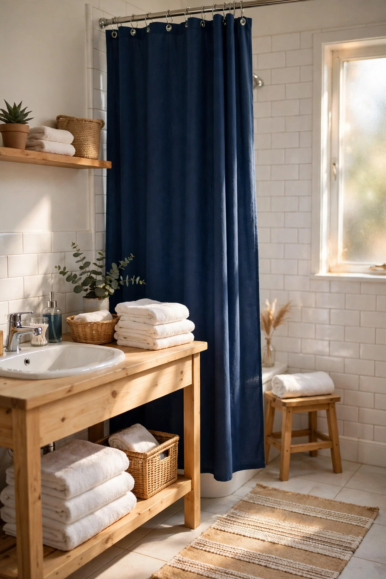 Bathroom with a solid navy shower curtain and white bath towels