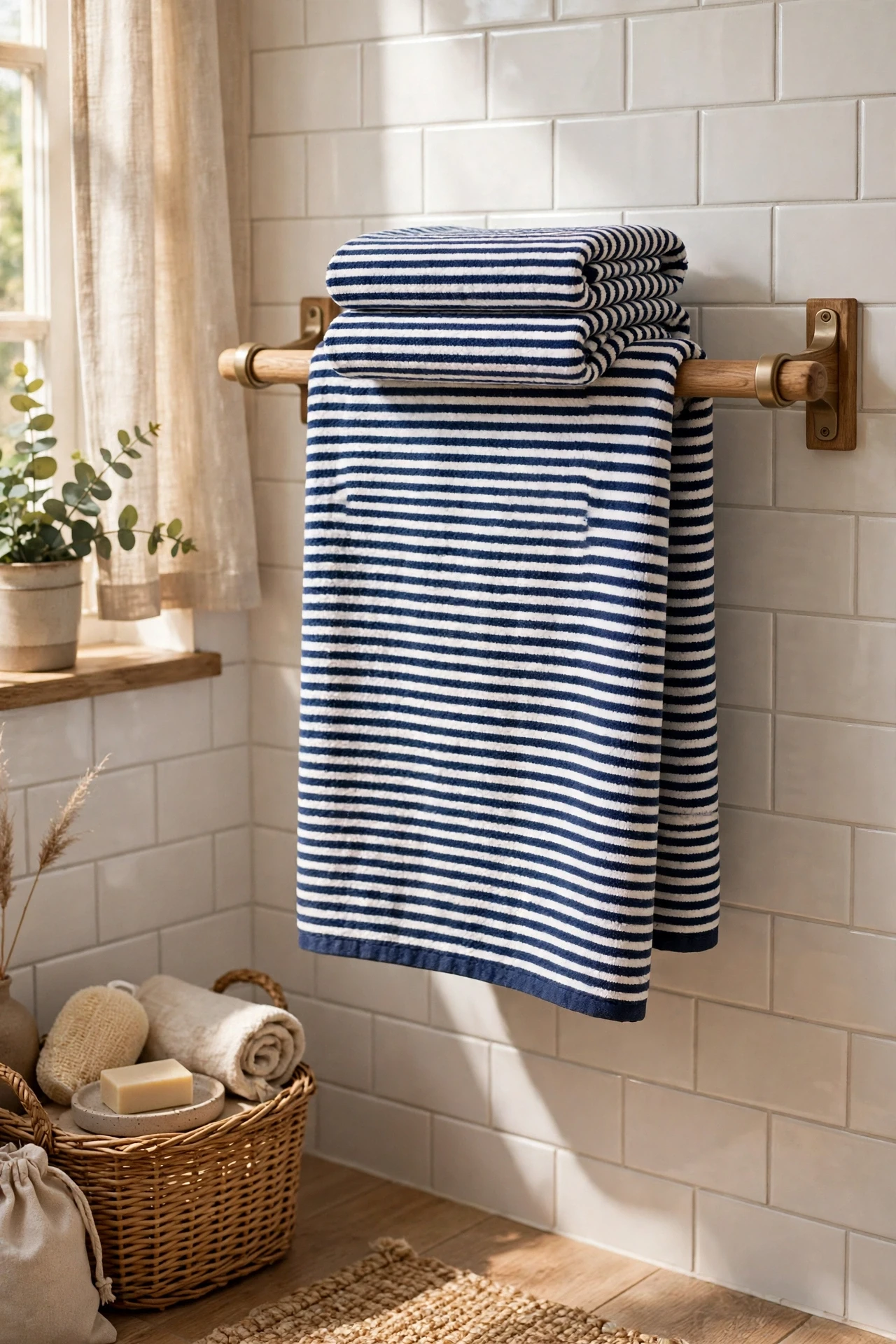 Navy and white striped bath towels folded on a bathroom towel bar