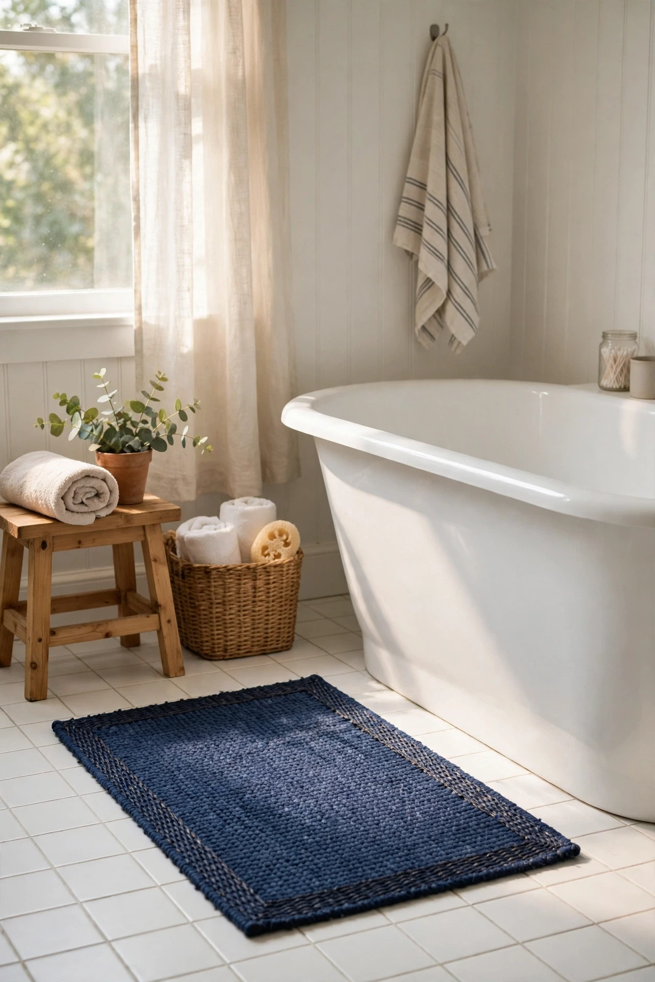 Woven navy bath mat on a white tiled bathroom floor beside a tub