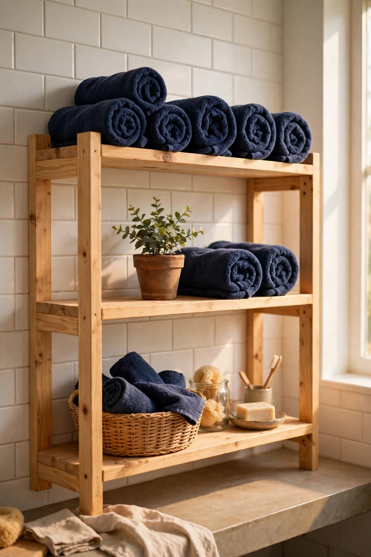 Rolled navy hand towels arranged on open wooden bathroom shelves
