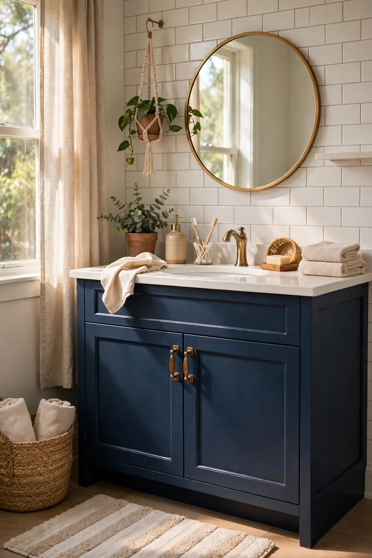 Bathroom vanity cabinet painted navy with brass drawer pulls