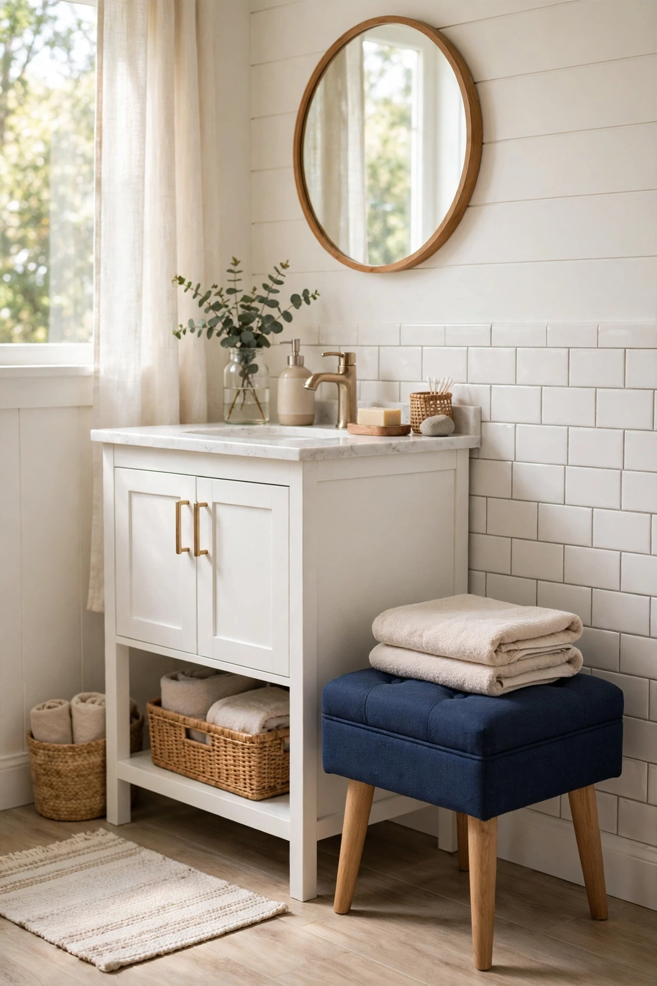 Small navy upholstered stool beside a bathroom vanity