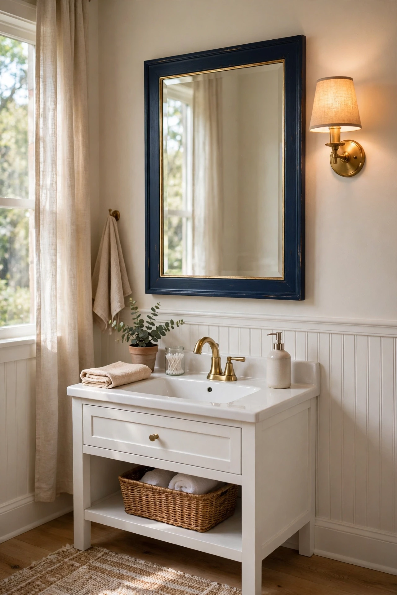 Bathroom mirror with a navy frame and thin gold inner edge