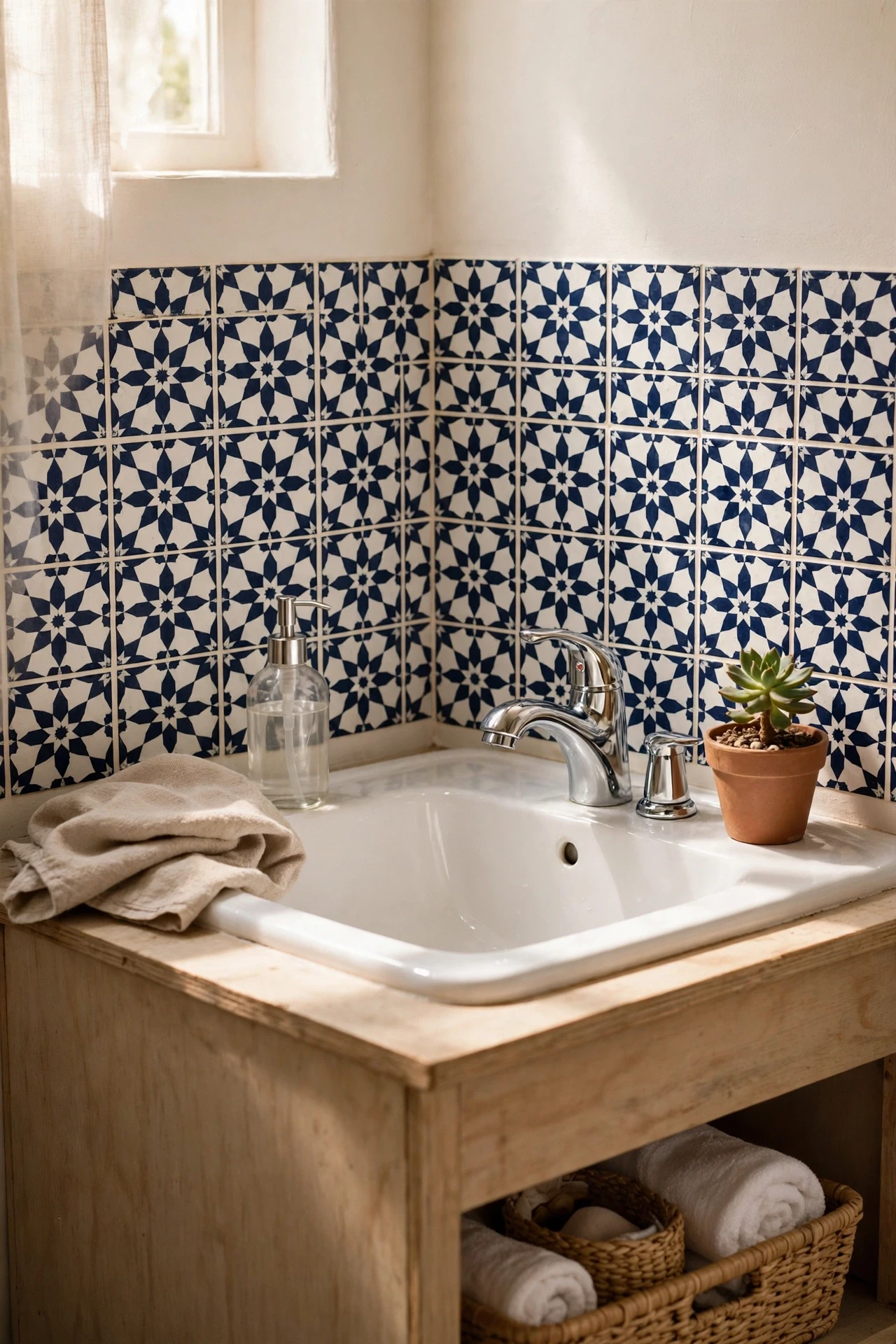 Bathroom backsplash with navy patterned tile stickers above a sink
