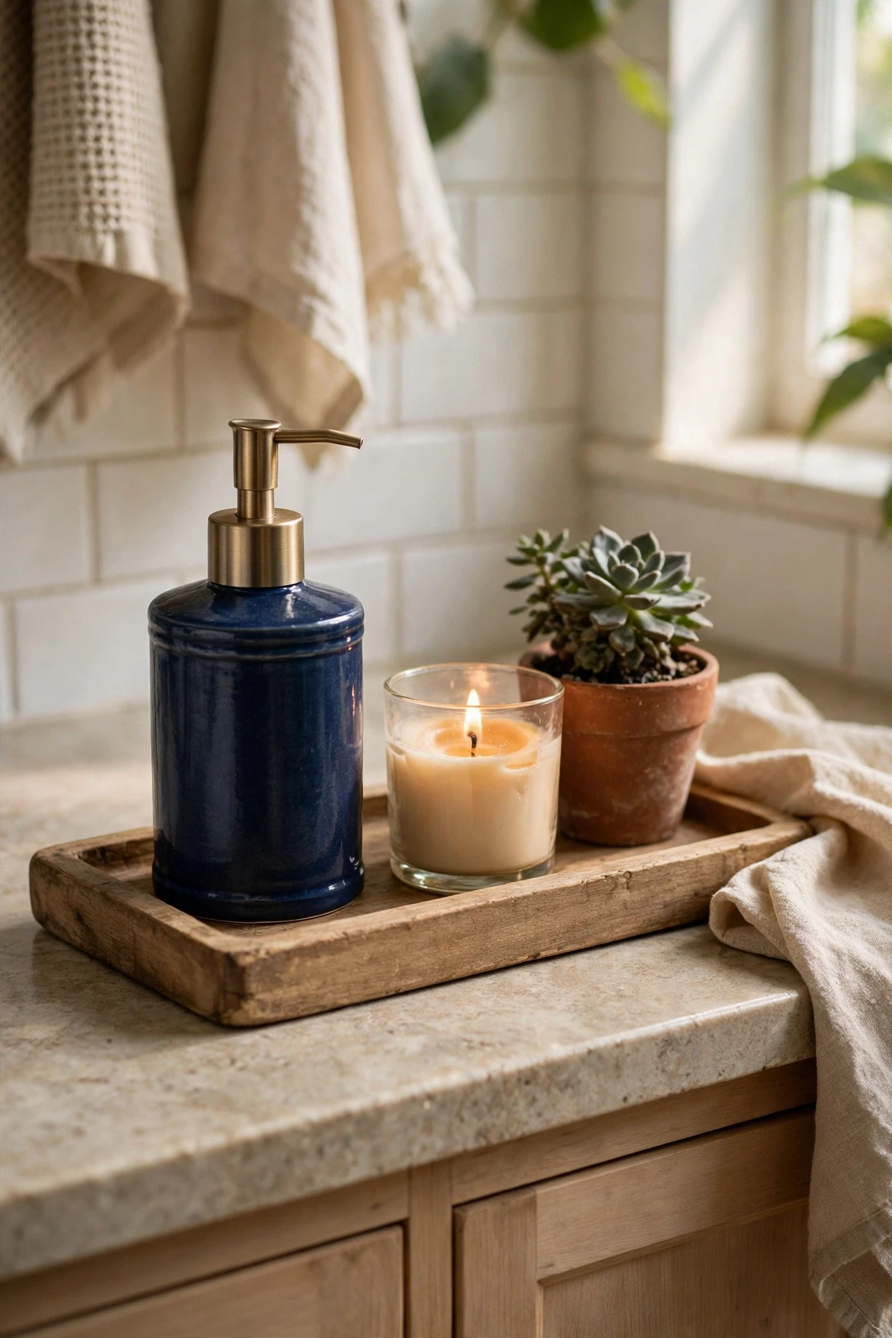 Navy soap dispenser on a small tray with a candle on a bathroom counter
