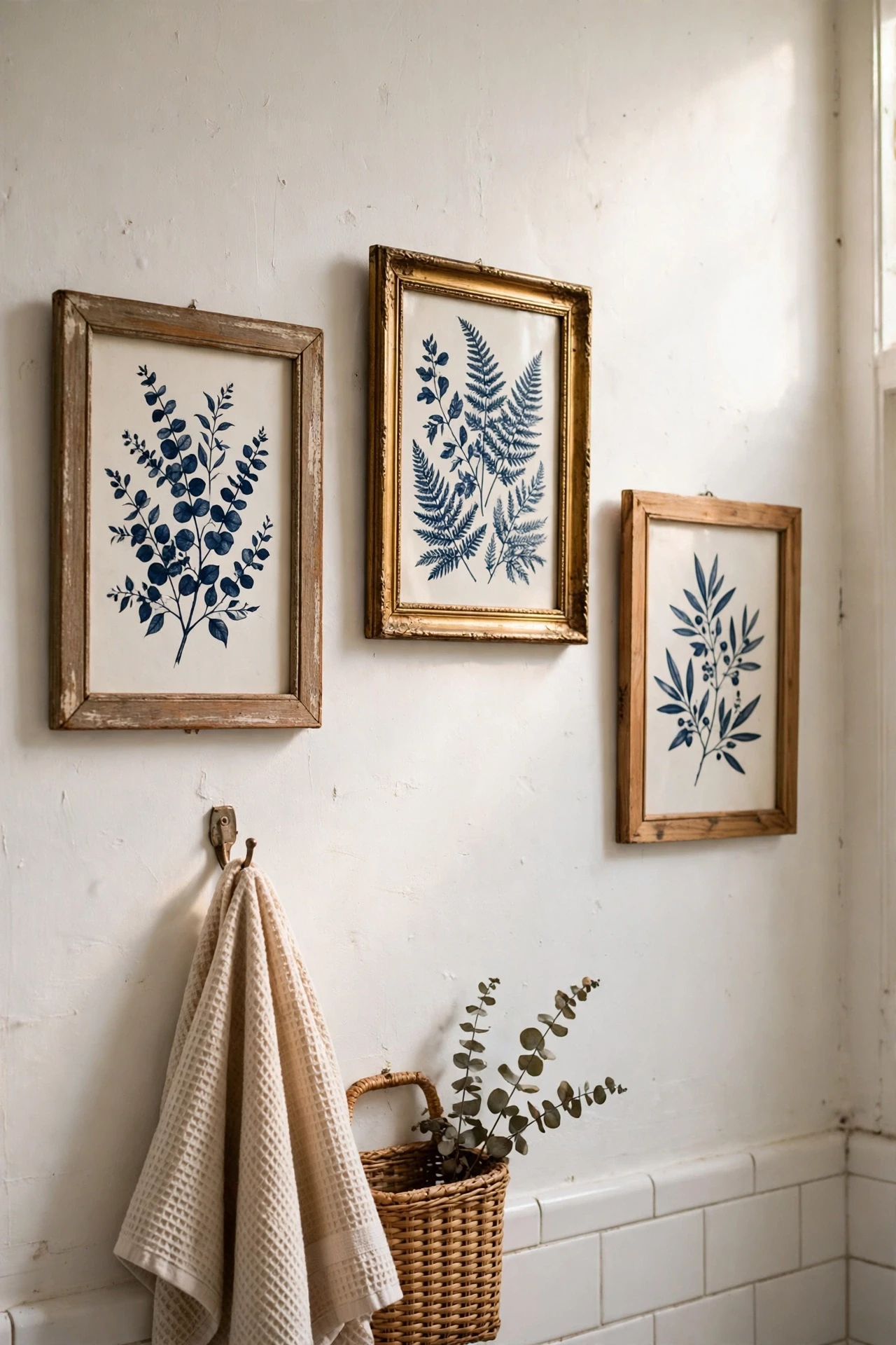 Navy botanical art prints in thrifted frames on a bathroom wall