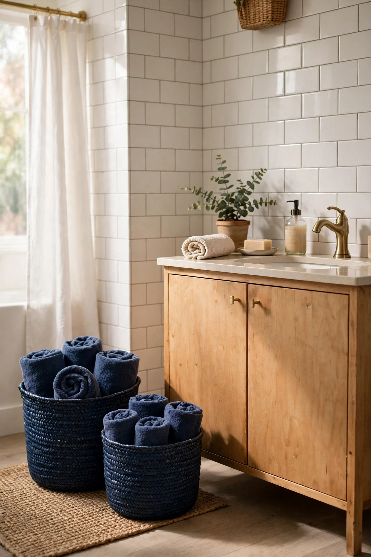 Navy woven storage baskets holding towels beside a bathroom vanity