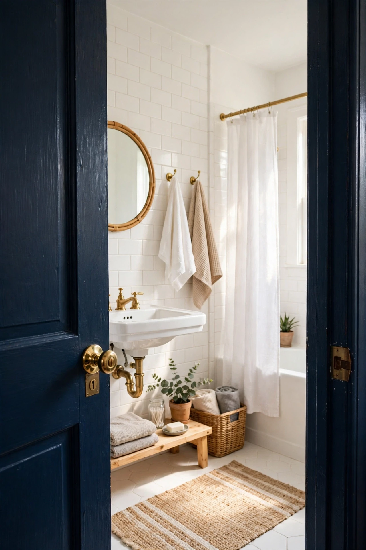 Bathroom with a navy painted door opening into a bright white bathroom