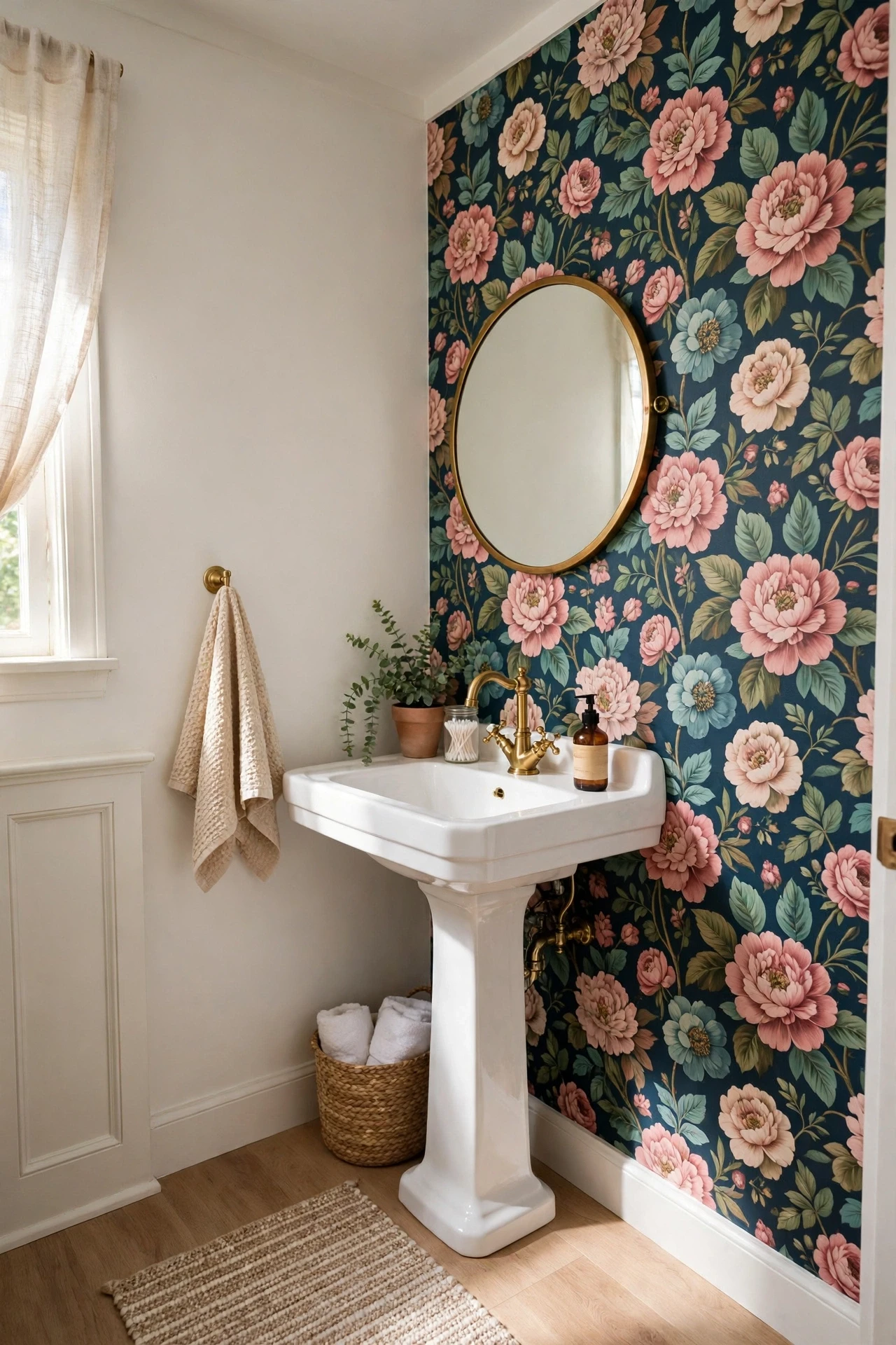 Small powder room with bold patterned wallpaper on one wall and a white sink