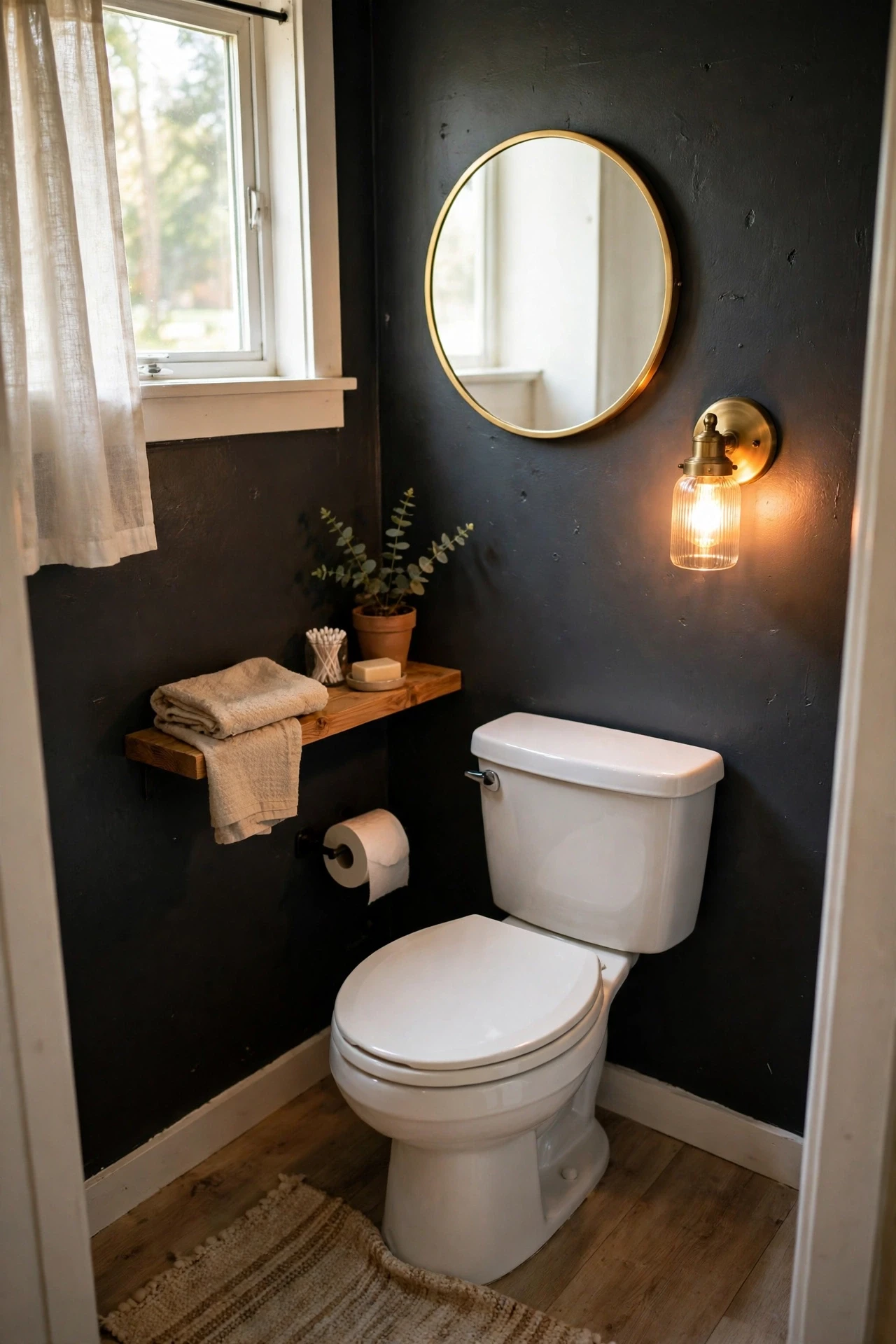 Powder room painted in a dramatic dark charcoal color with a bright mirror