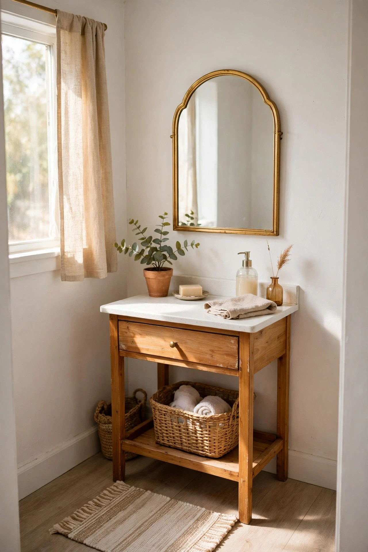 Powder room with an arched statement mirror above a small vanity