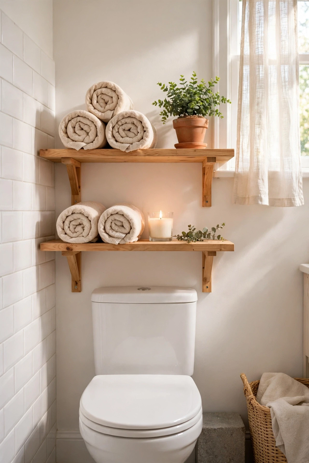 Open wooden shelves above a toilet with rolled towels and a plant