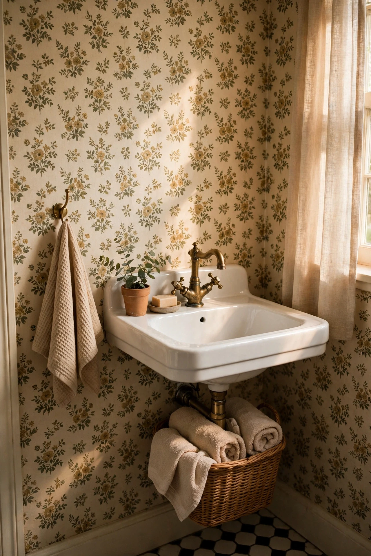 Small powder room sink with a vintage brass faucet