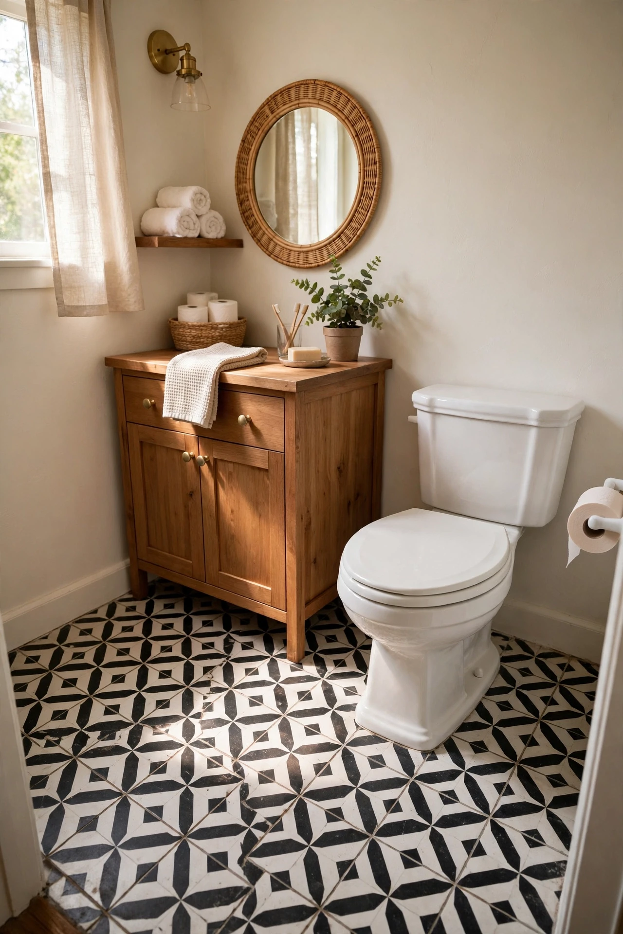 Powder room floor with bold patterned peel-and-stick floor tiles