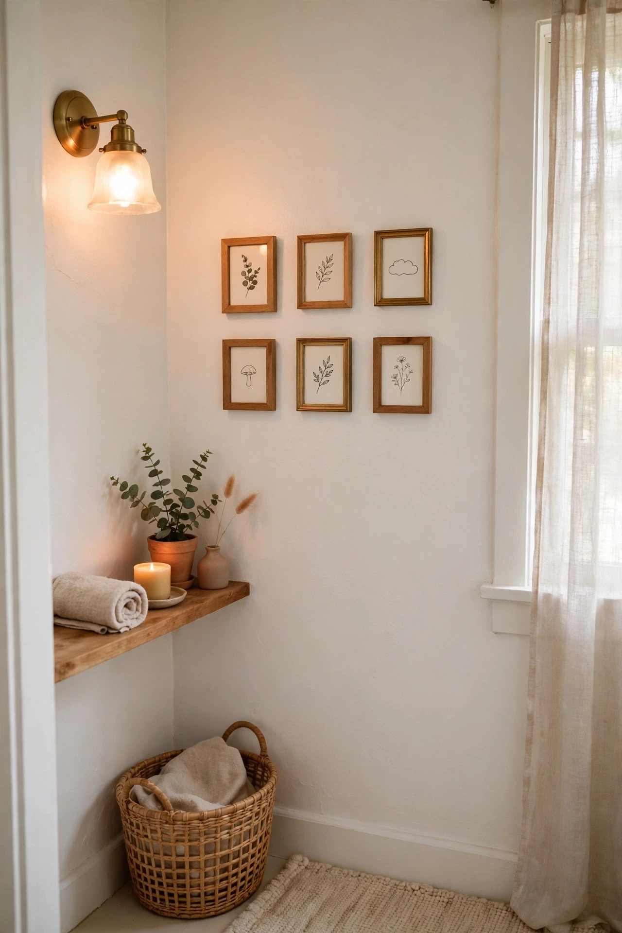 Tiny gallery wall of small framed prints in a powder room