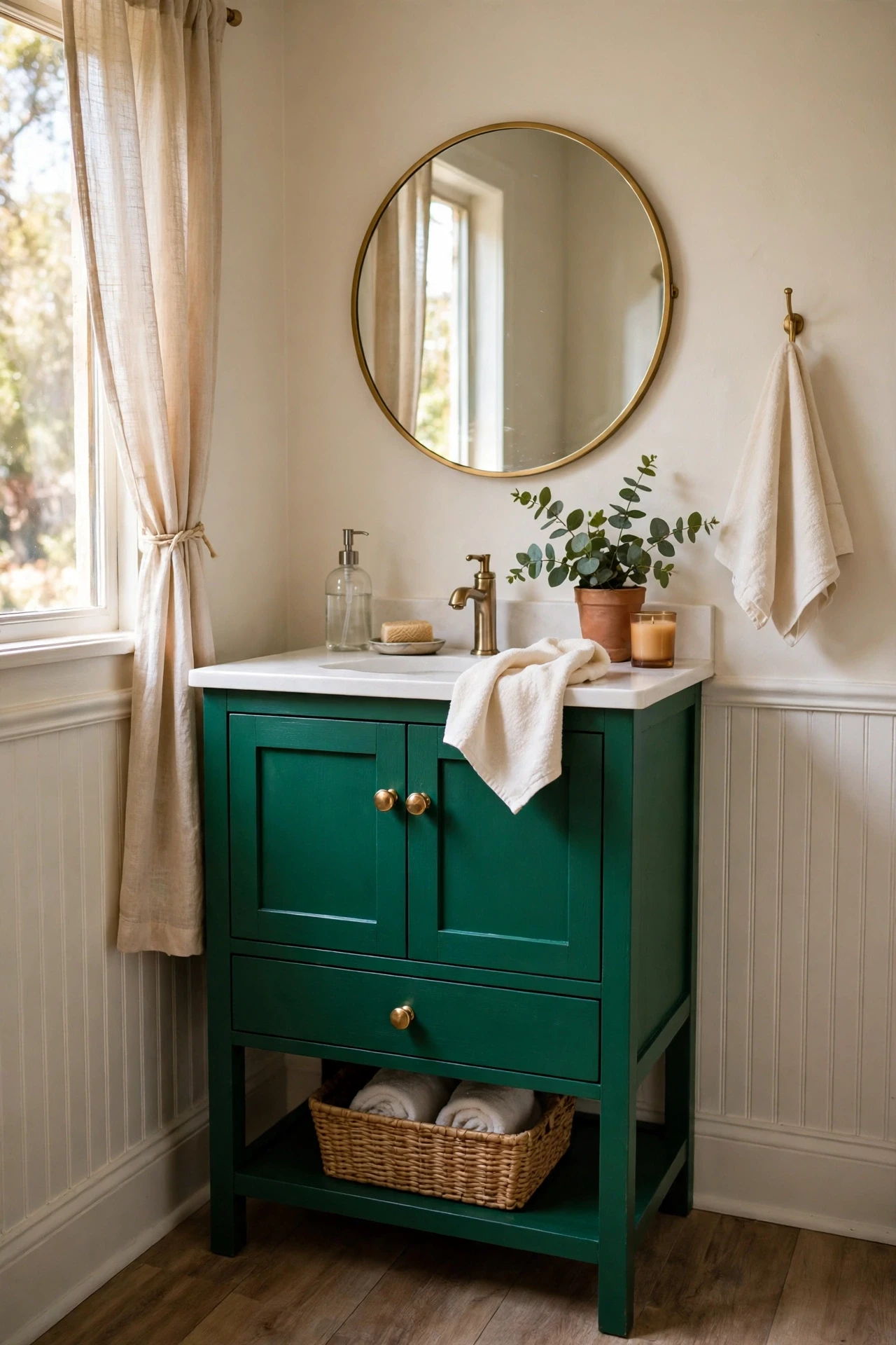 Powder room vanity painted bold emerald green with brass knobs