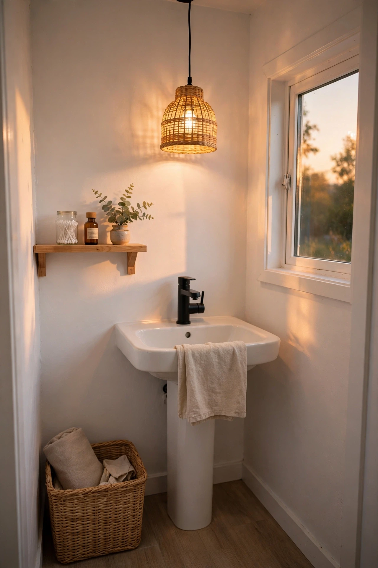 Powder room with a small rattan pendant light over the sink