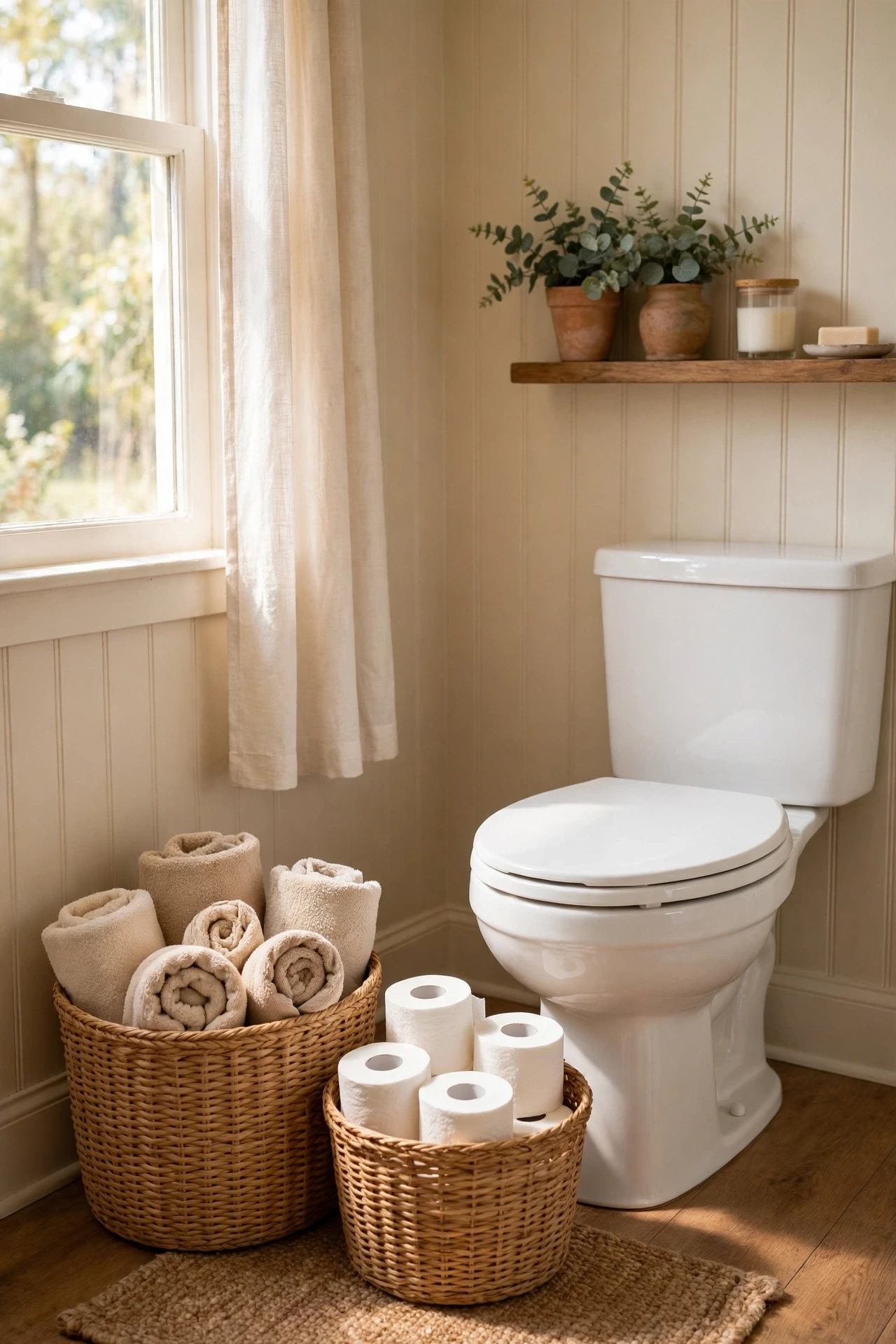 Woven baskets with spare toilet paper beside a powder room toilet