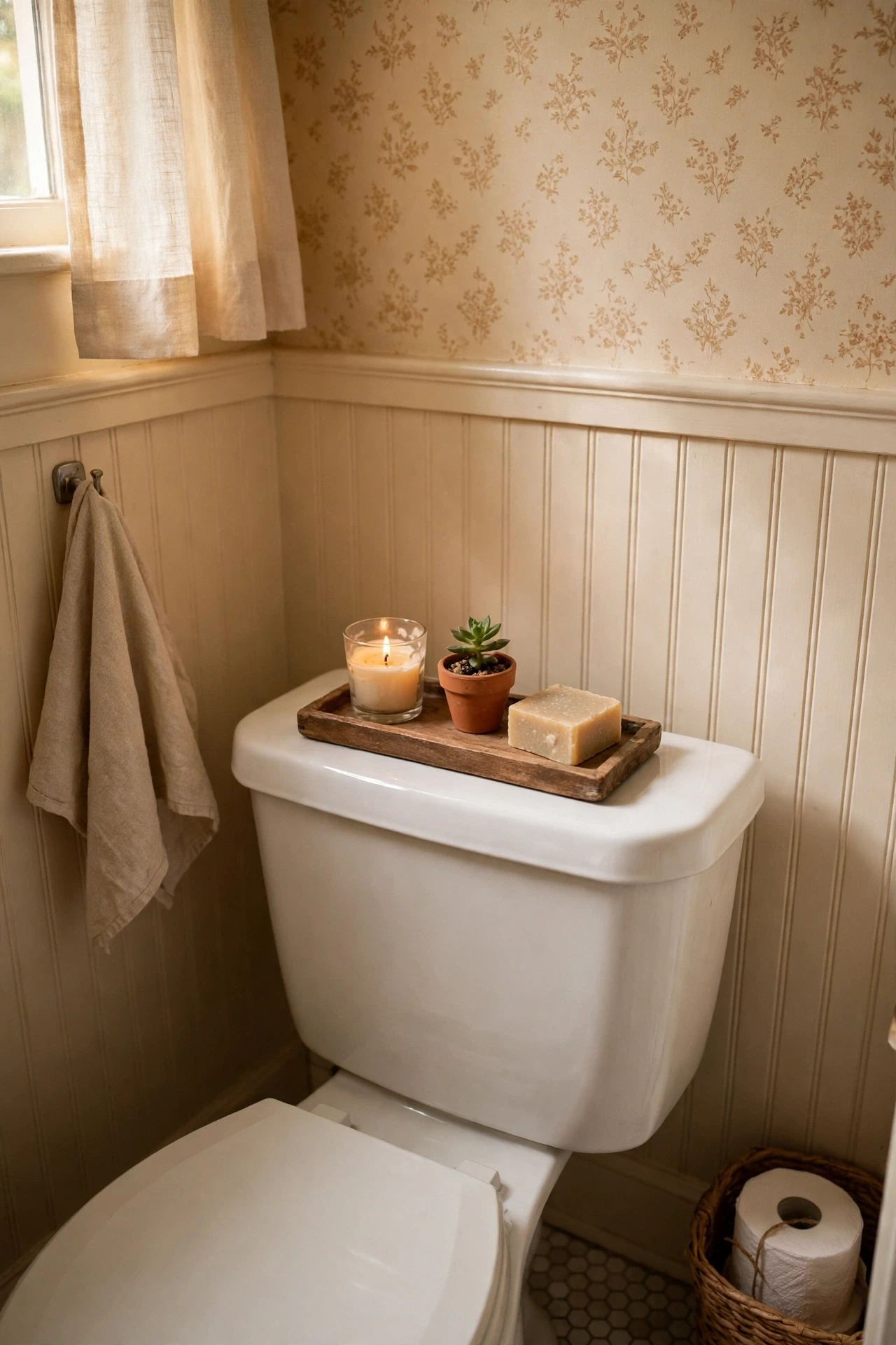 Small tray with a candle and plant on the back of a powder room toilet