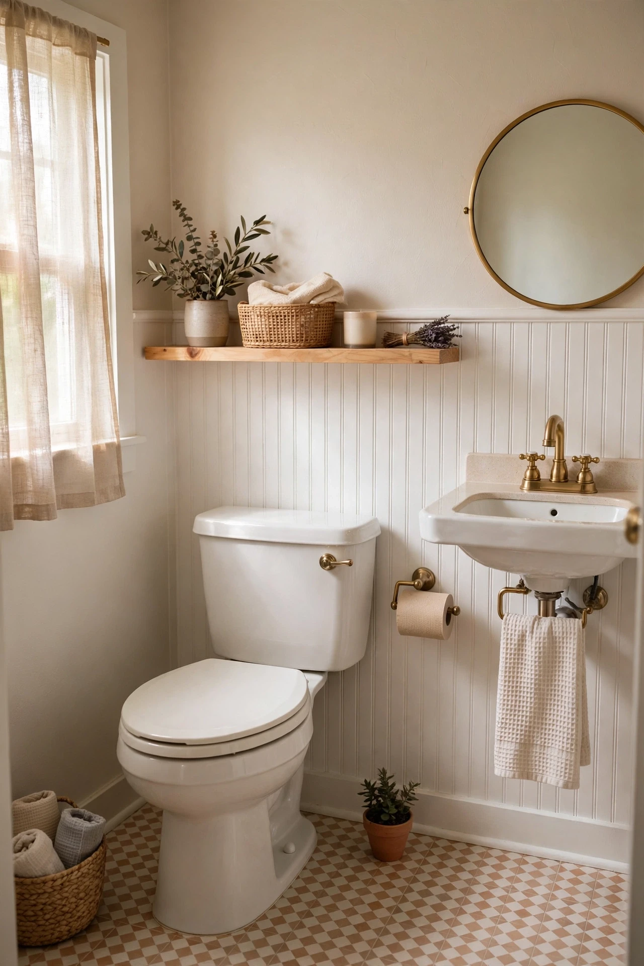 Powder room with white beadboard wall panels behind the toilet