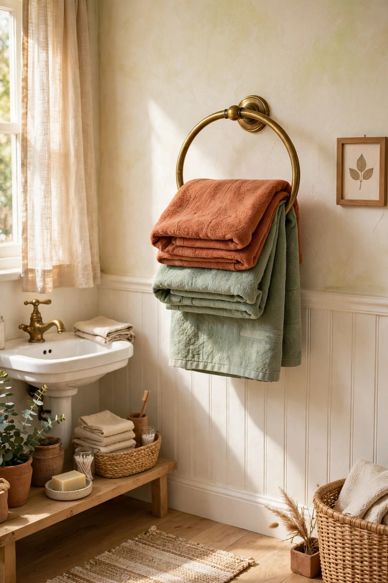 Colorful hand towels folded on a towel ring in a powder room