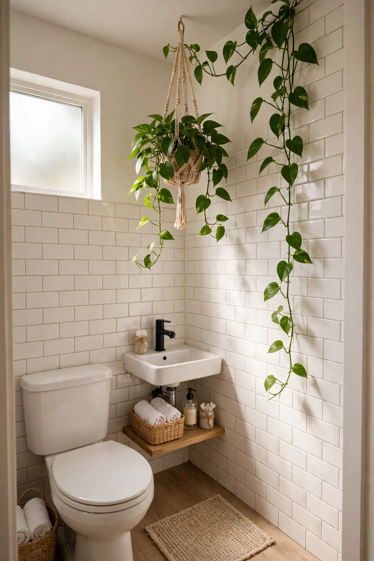 Trailing pothos plant hanging in a small powder room