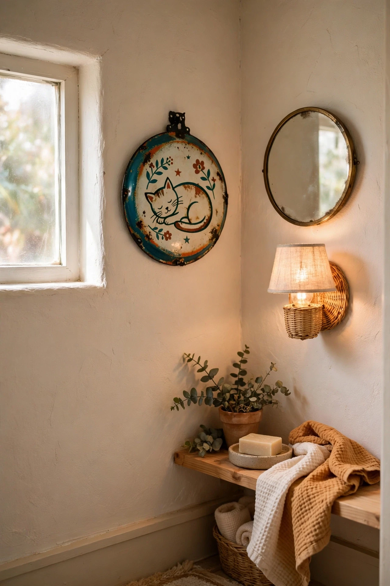 Powder room wall with a quirky vintage enamel sign