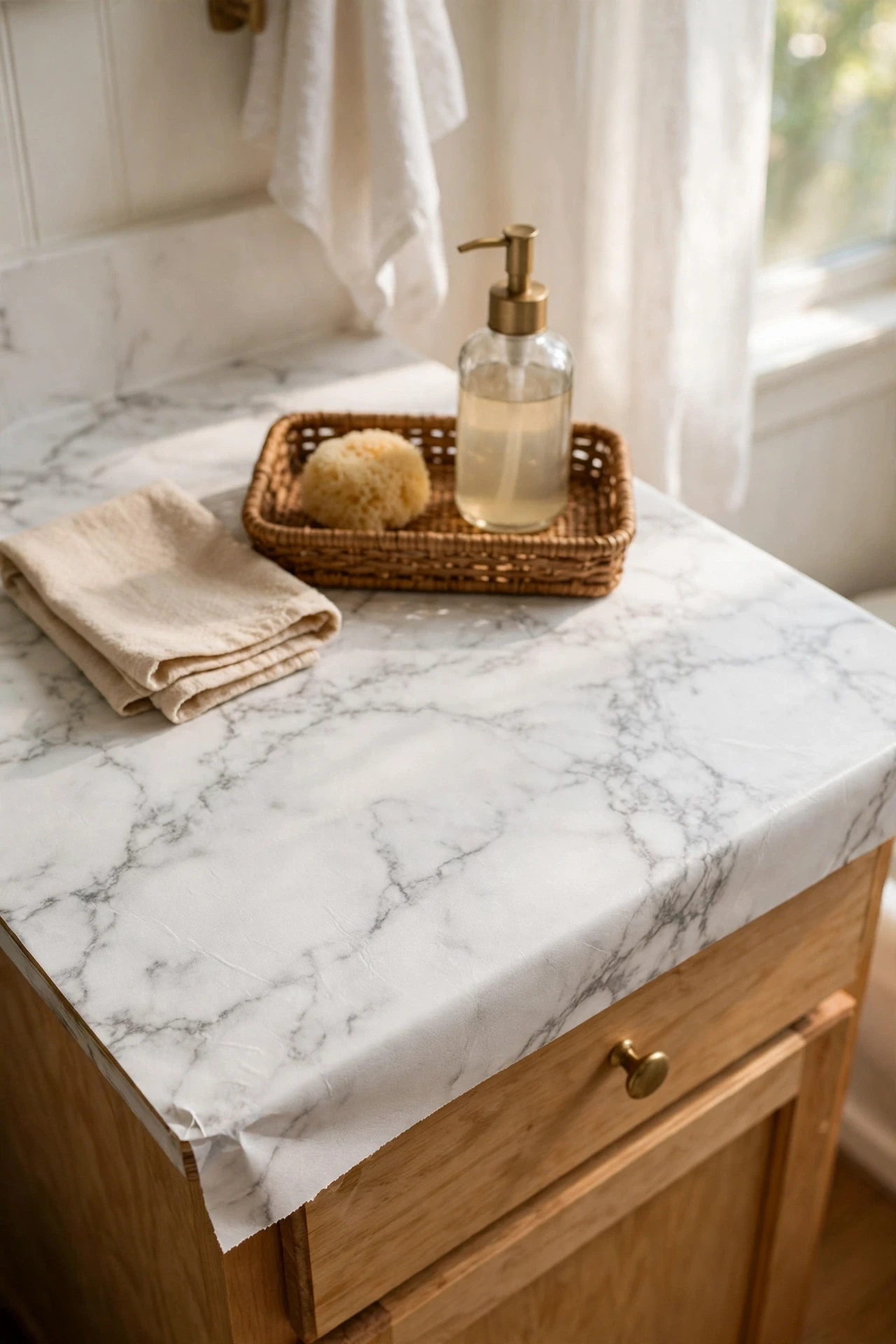 Bathroom vanity top covered in faux marble contact paper with a tray
