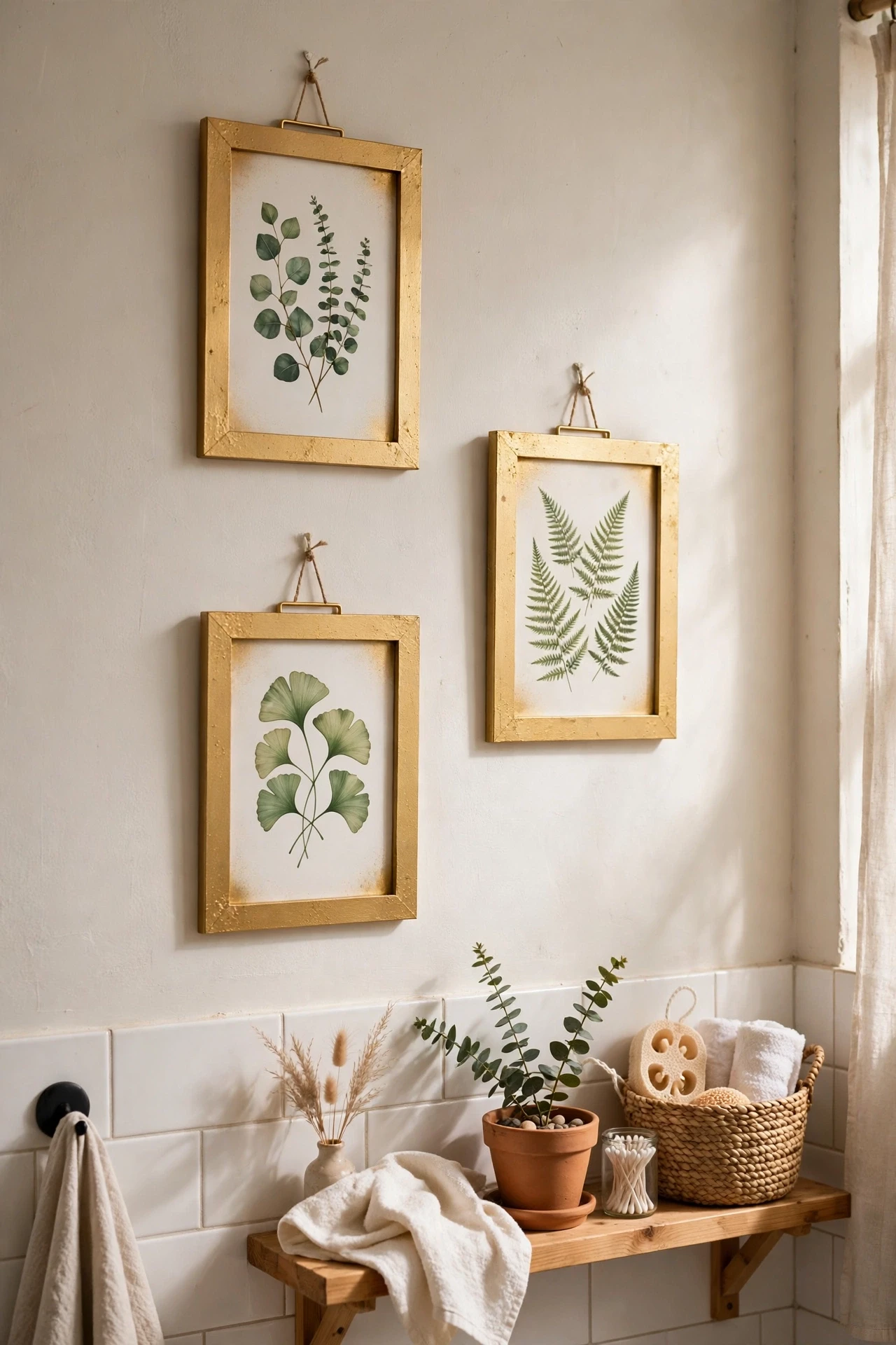 Gold spray-painted picture frames hanging as gallery art in a bathroom
