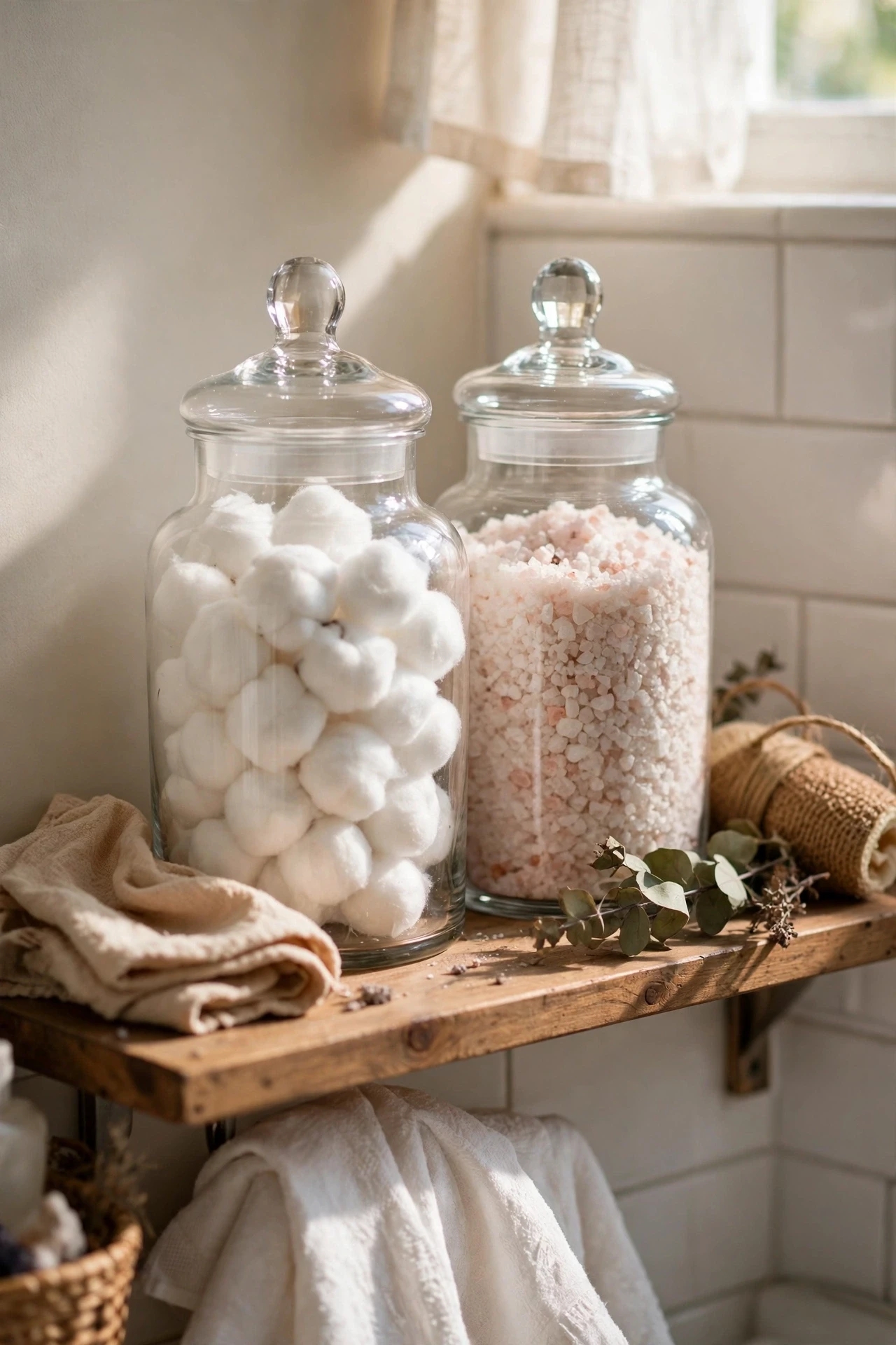 Clear glass apothecary jars filled with cotton balls and bath salts