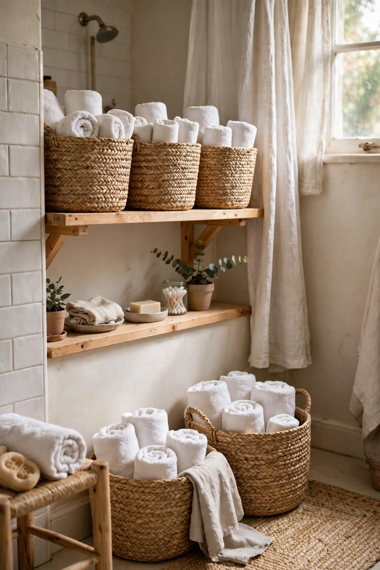 Woven seagrass baskets holding rolled towels in a bathroom