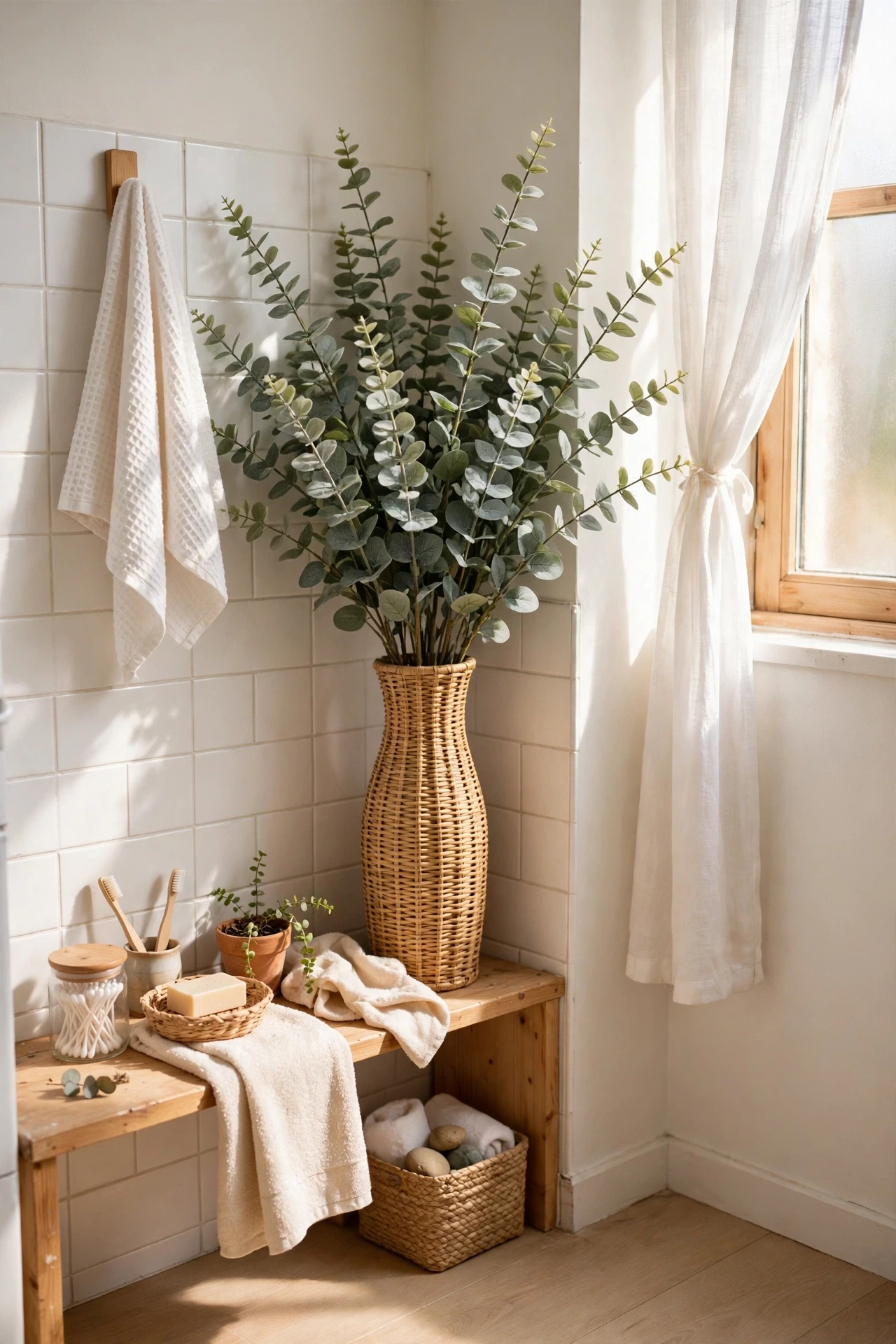 Faux eucalyptus stems in a tall vase in a bathroom corner