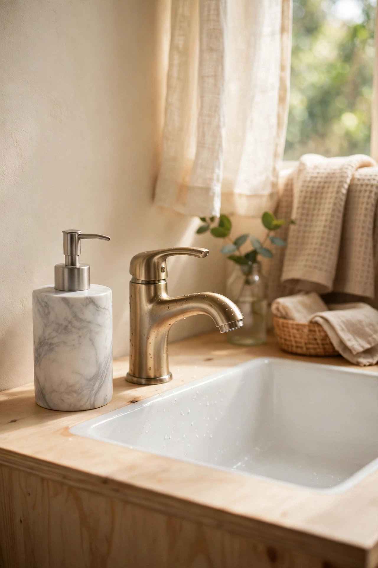 Marble-look soap dispenser on a bathroom sink