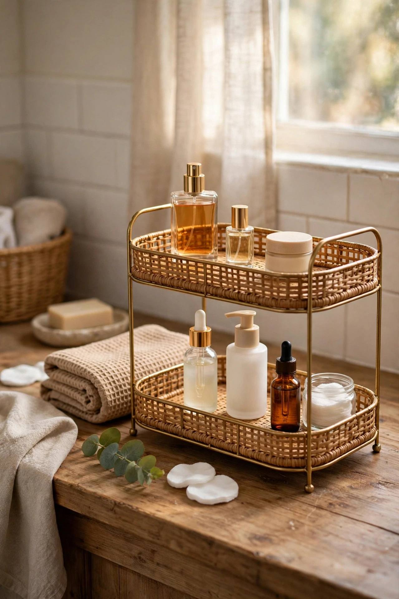 Tiered tray organizer with perfume bottles on a vanity