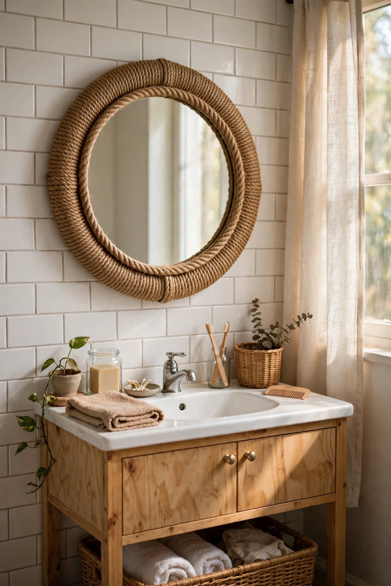 Bathroom mirror frame wrapped in natural jute rope