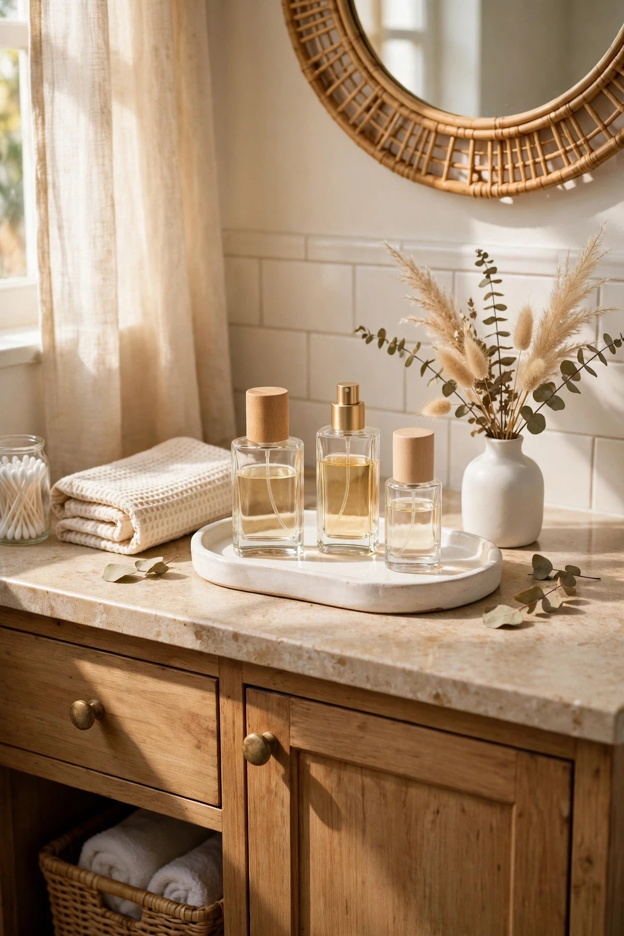White ceramic tray holding perfume bottles on a vanity