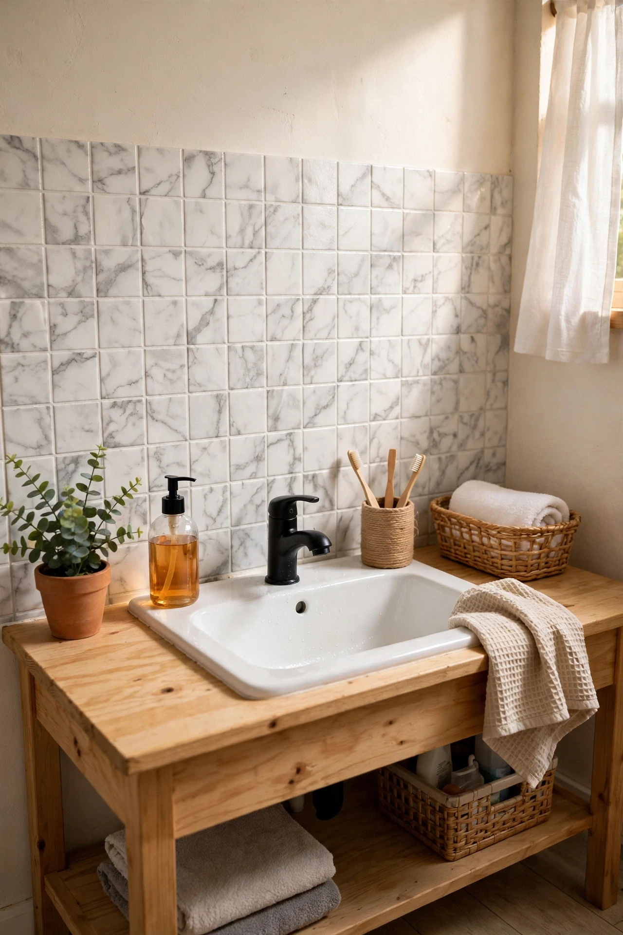 Faux marble peel-and-stick tile backsplash behind a bathroom sink