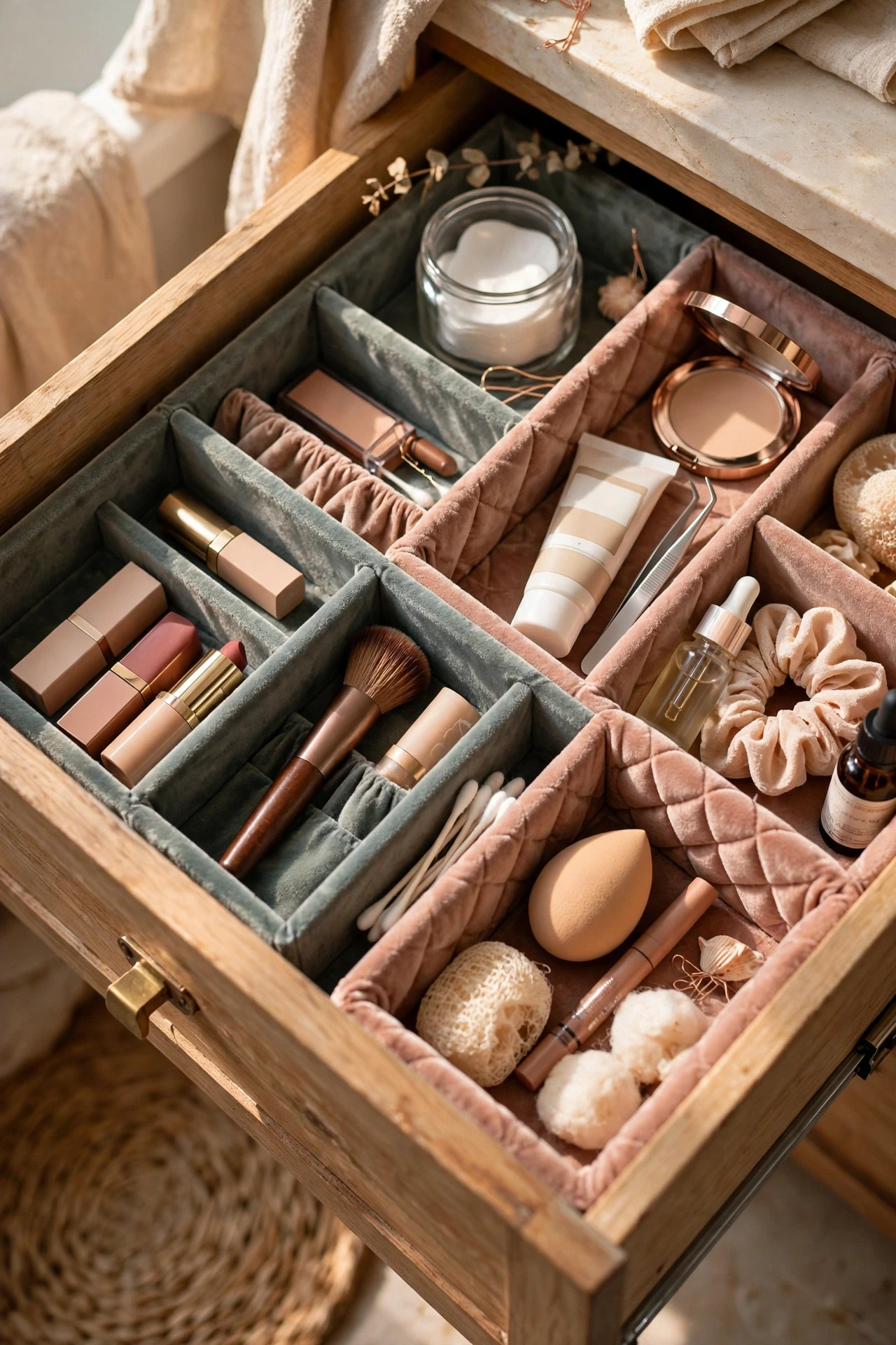 Velvet-lined drawer organizers in a bathroom vanity drawer