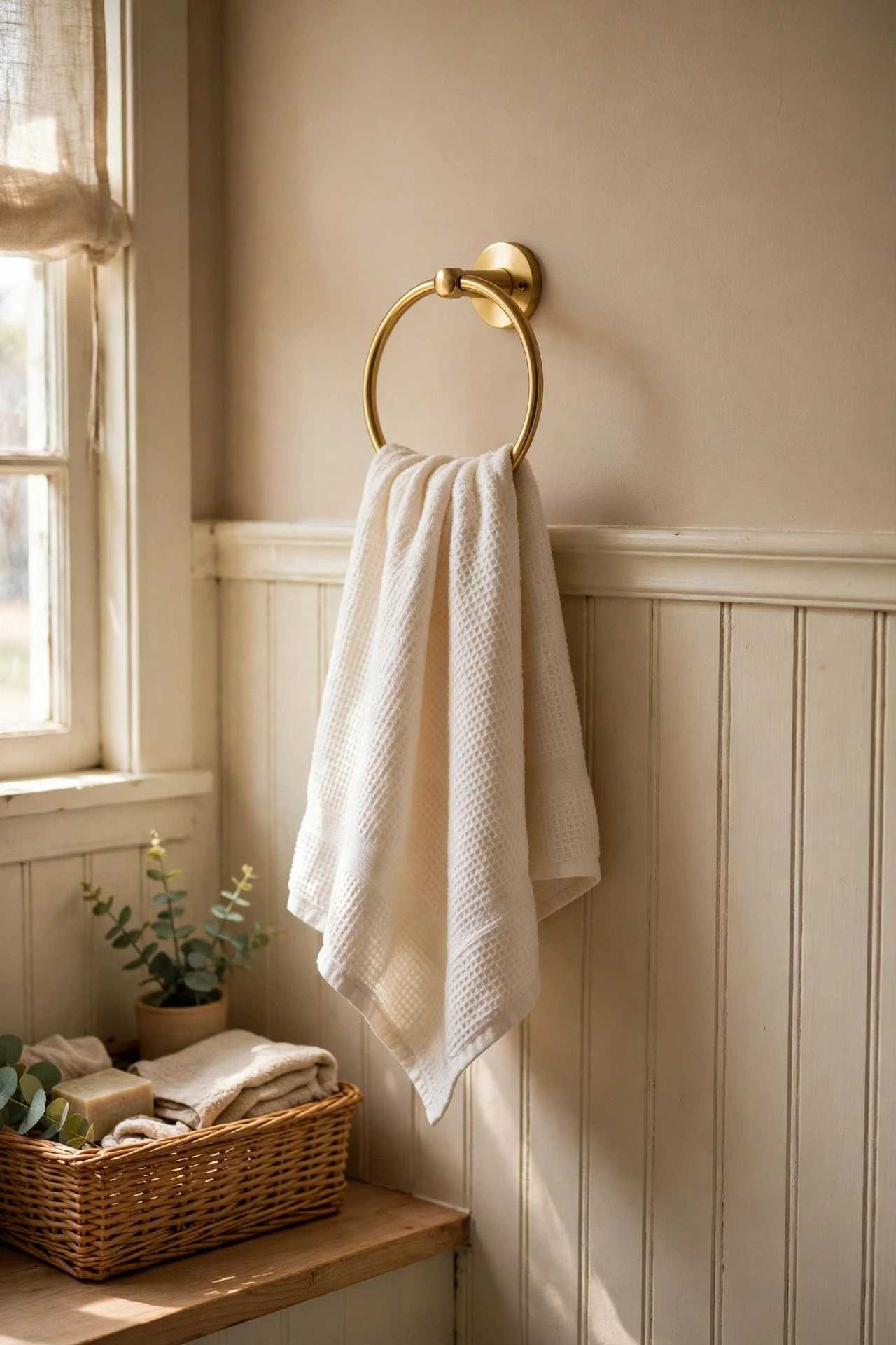Gold-tone towel ring holding a cream towel in a bathroom