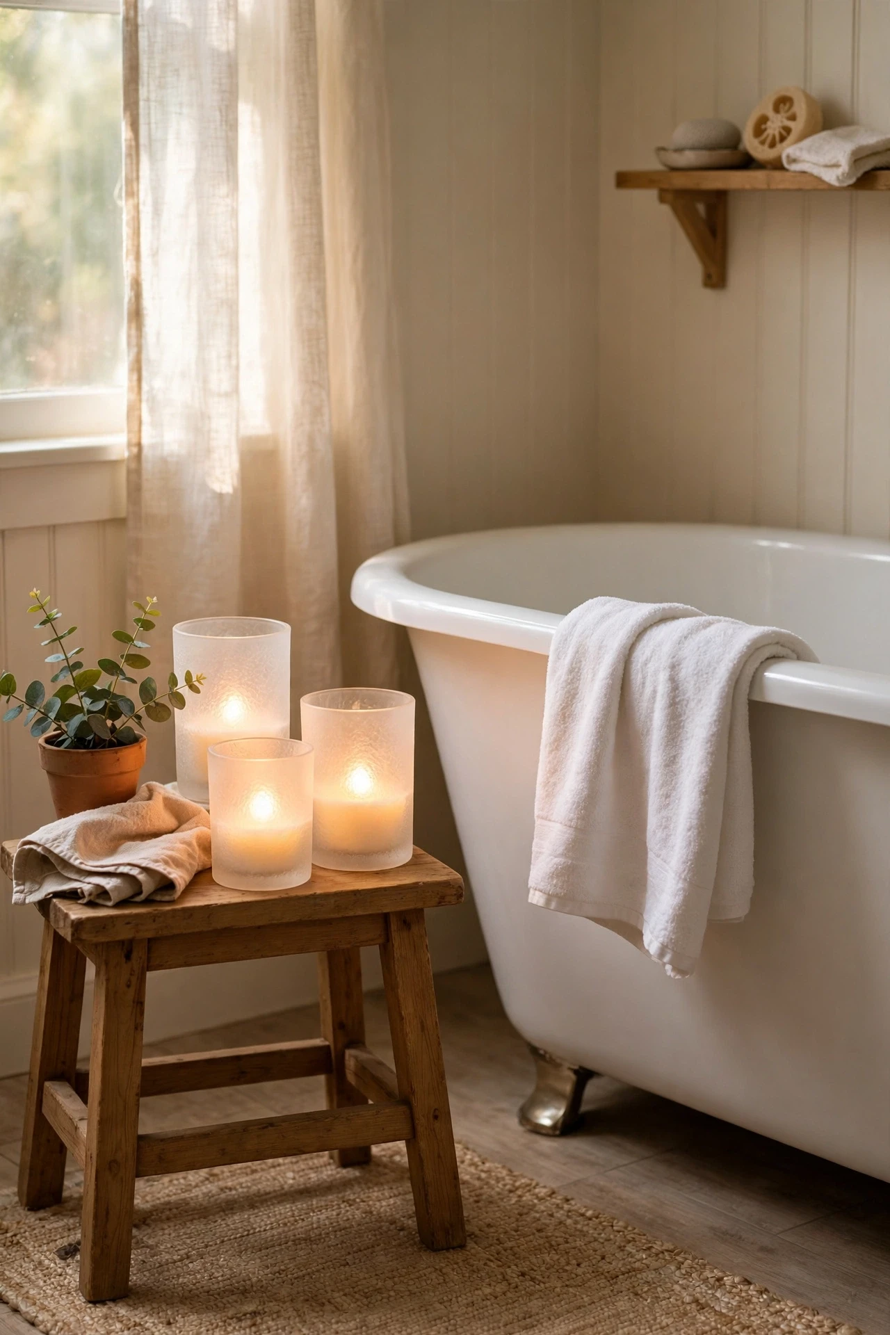 Frosted glass candle holders glowing beside a bathtub