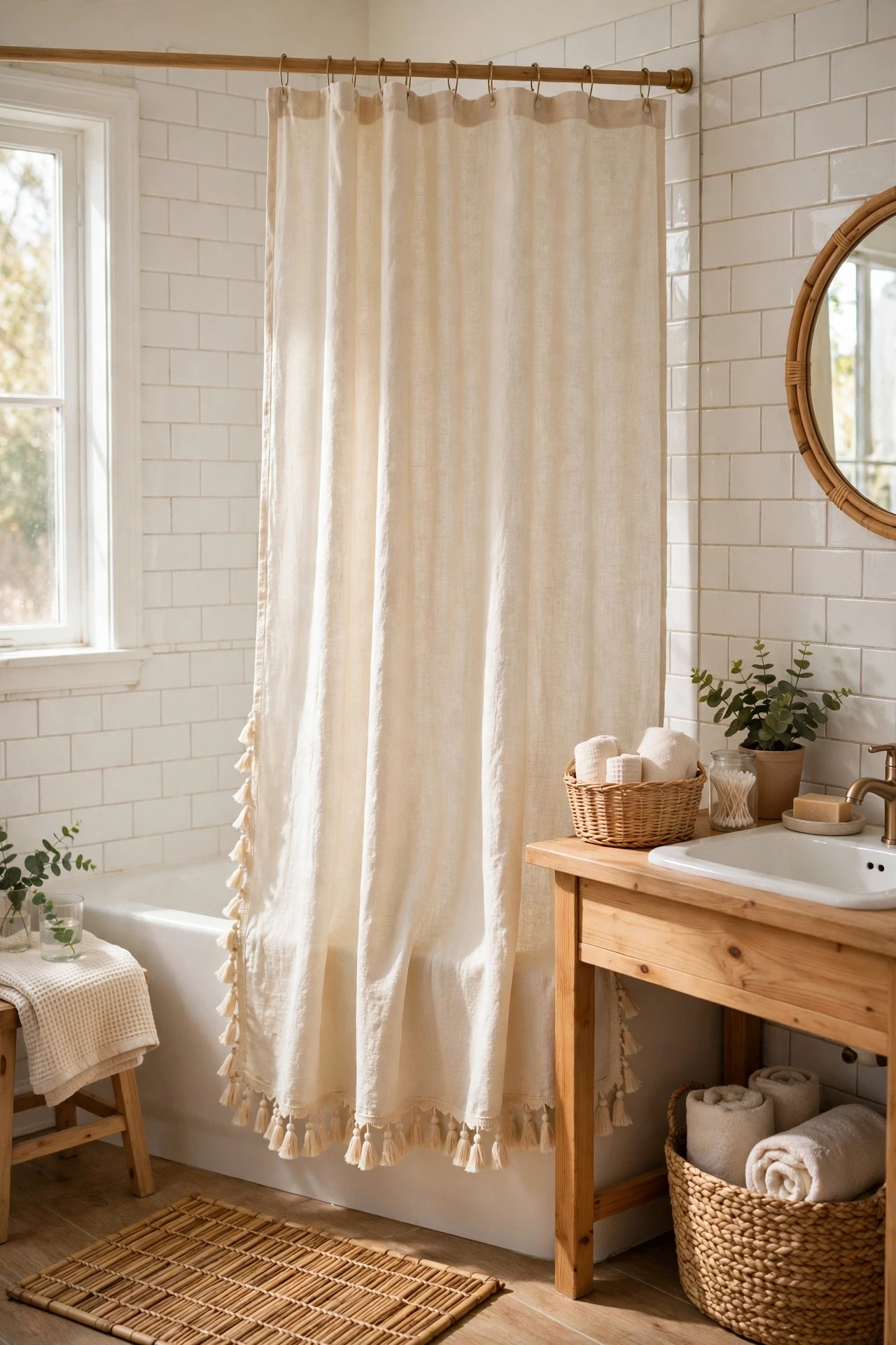 Linen shower curtain with tassel trim in a bathroom