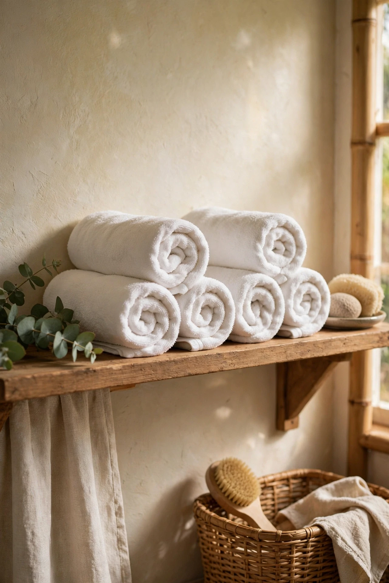 Rolled white towels stacked spa-style on a bathroom shelf