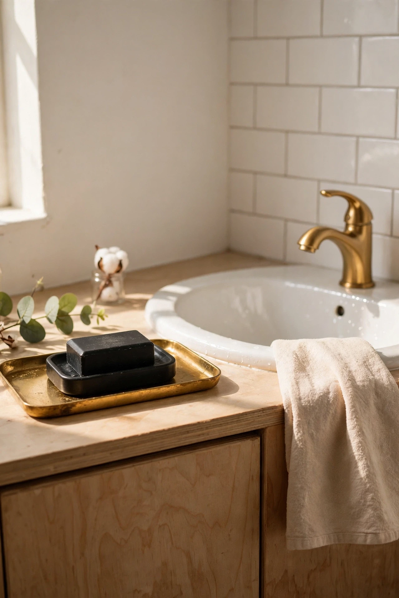 Black soap dish with gold tray on a bathroom sink