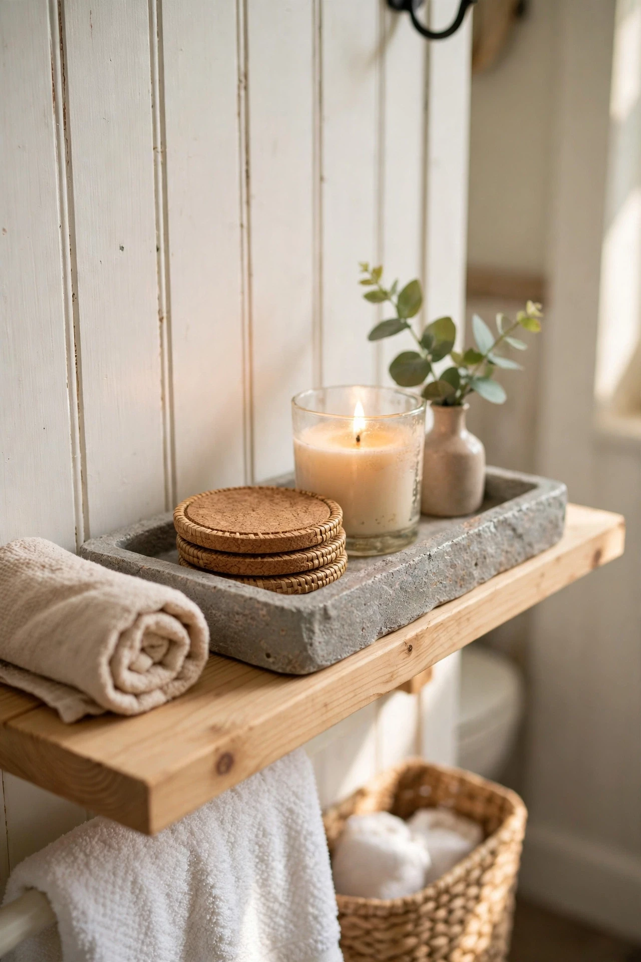 Faux stone coasters and tray with a candle in a bathroom