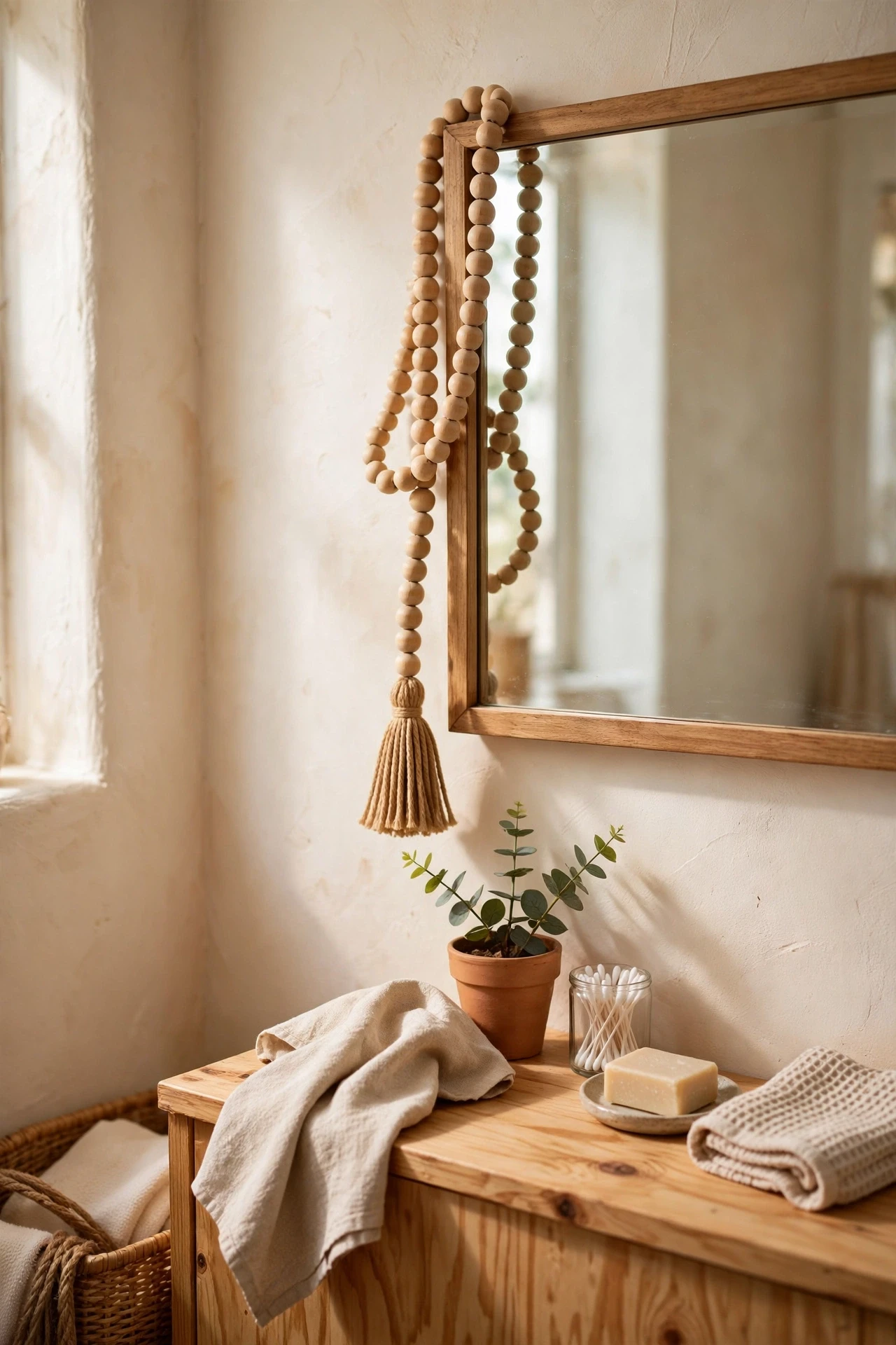 Wooden beaded garland draped on a bathroom mirror corner