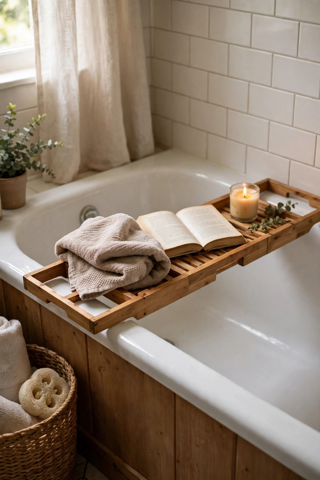 Wooden bath caddy across a bathtub with candle and towel