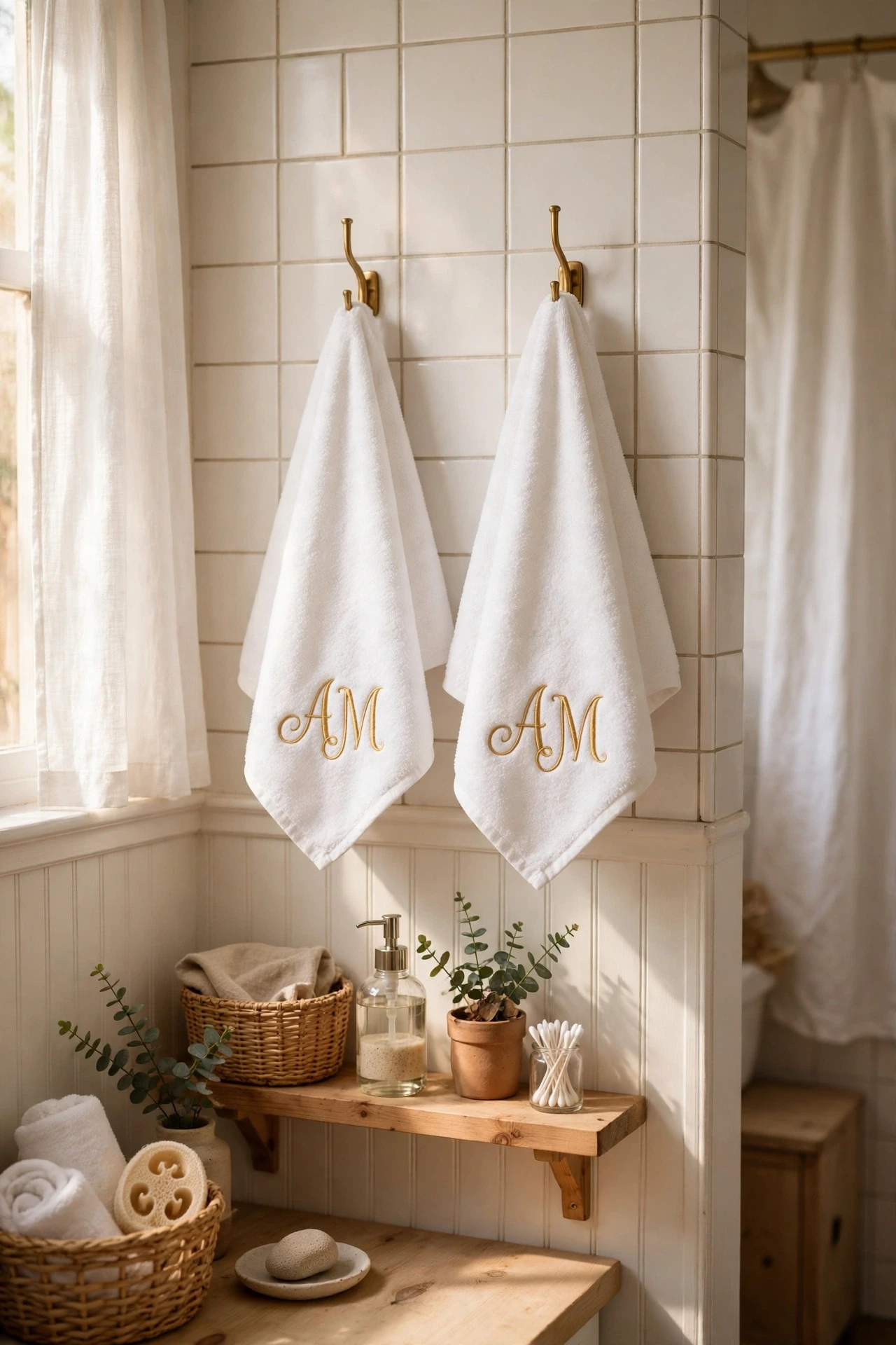 Monogrammed white hand towels with gold initials in a bathroom