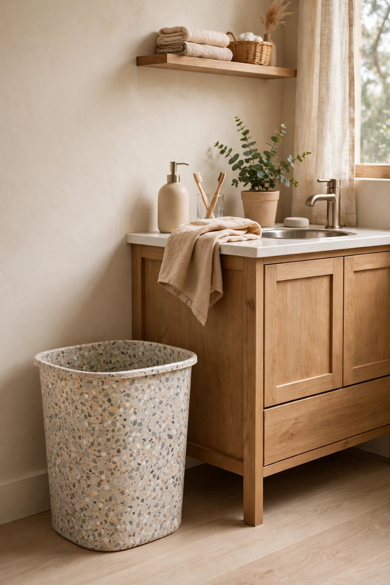 Faux terrazzo wastebasket in a stylish bathroom